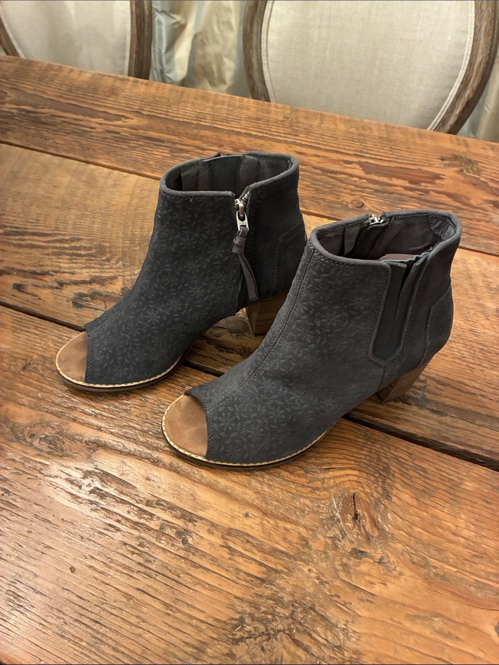 Toms Charcoal Open-Toe Ankle Booties with Brown Heel